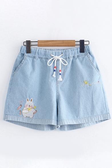 Fashion Girls Drawstring Waist Rabbit Letter Embroidered Contrasted Relaxed Fit Denim Shorts