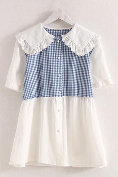 Fashionable Girls Short Sleeve Peter Pan Collar Button Up Plaid Print Patched Lace Trim Blouse Top