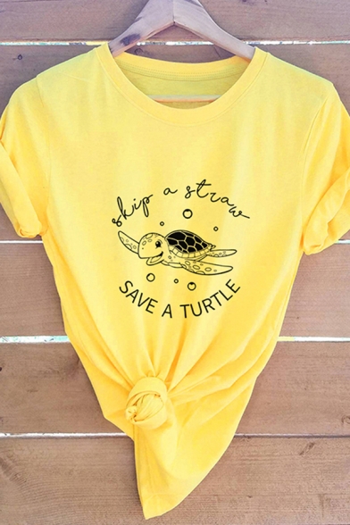 Girls New Trendy Rolled Short Sleeve Round Neck Turtle Print Letter SAVE A TURTLE Graphic Regular Fit Tee Top