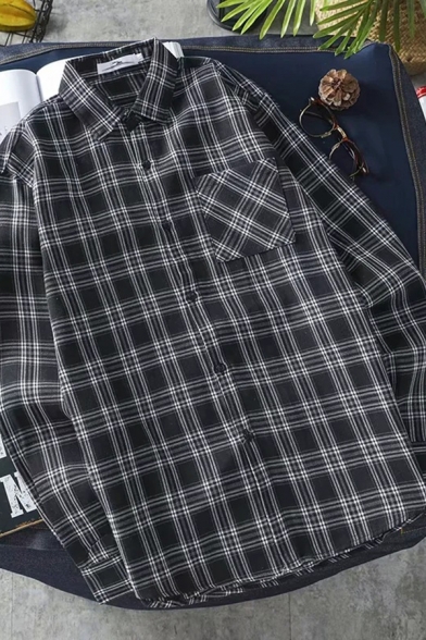 Leisure Guys Long Sleeve Lapel Collar Button Down Chest Pocket Checker Pattern Oversize Shirt Top