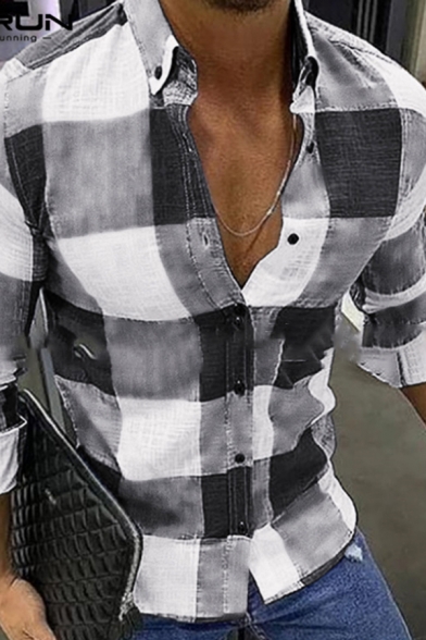 Popular Mens Long Sleeve Lapel Neck Button Down Plaid Printed Slim Fitted Shirt