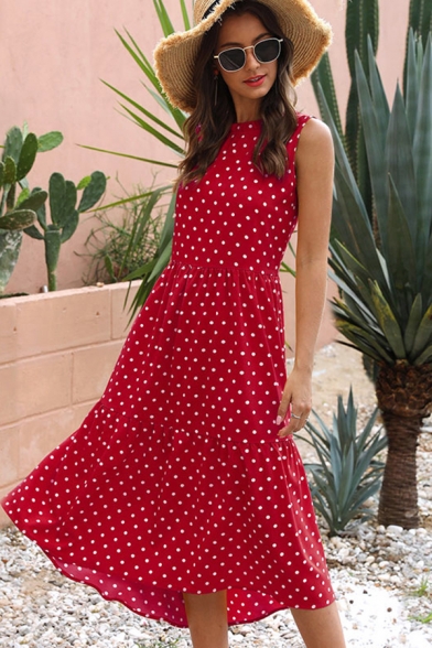 Pretty Girls Sleeveless Round Neck Polka Dot Print Ruffled Trim Maxi Pleated A-Line Dress