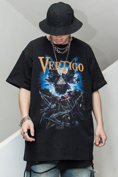 Punk Black Letter Vertigo Skull Devil Graphic Half Sleeves Crew Neck Oversize Tee Top for Boys