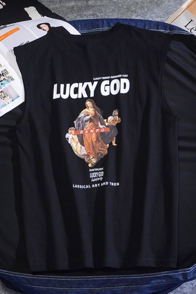 Stylish Mens Short Sleeve Round Neck Letter LUCKY GOD Graphic Relaxed Tank Top