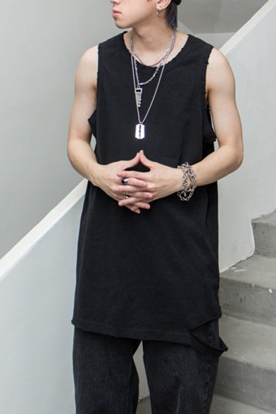 Stylish Solid Color Sleeveless Round Neck Ripped Loose Fitted Tank for Men