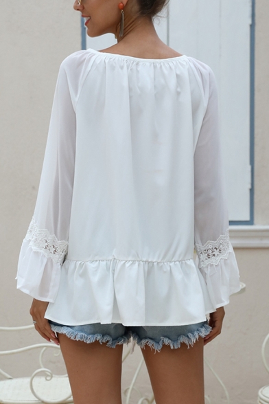 Trendy Ladies Long Sleeve Round Neck Tied Front Lace Trim Ruffled Loose Fit White Blouse