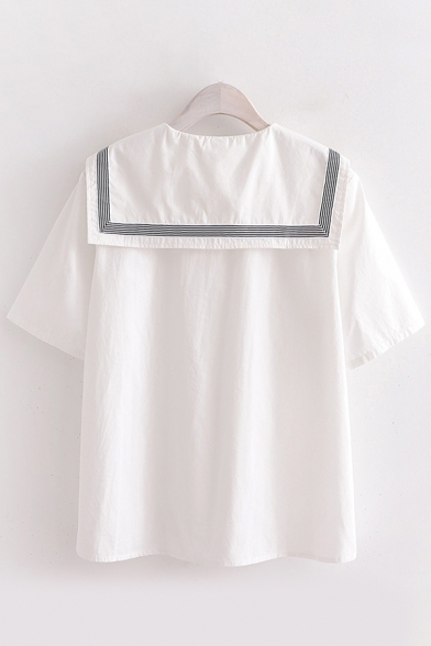 White Fish Stripe Embroidery Short Sleeve Sailor Collar Button up Loose Fit Shirt for Preppy Girls