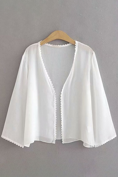 White Solid Color Chiffon Lace Trim Long Sleeve Open Front See-Through Sun Protection Loose Daily Jacket for Women