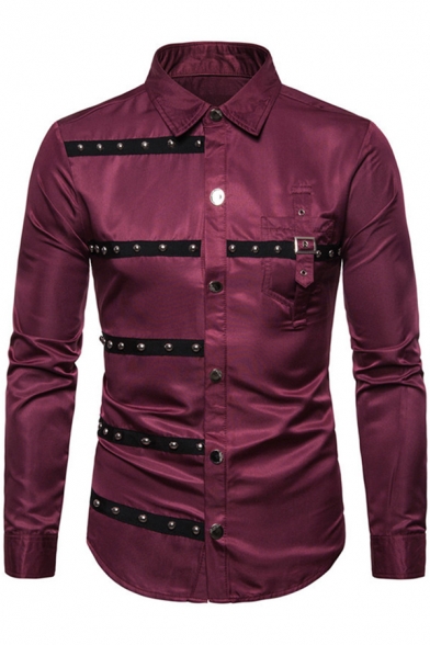 Boys Gothic Long Sleeve Point Collar Button Up Chest Pocket Buckle Strap Rivet Embellished Slim Fit Shirt