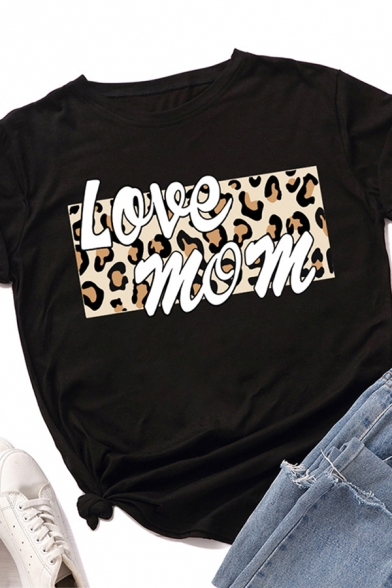 Casual Trendy Girls Roll Up Sleeve Crew Neck Letter LOVE MOM Leopard Graphic Regular Fitted T-Shirt