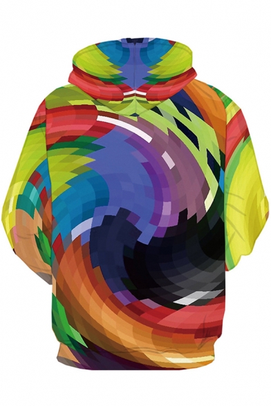 Chic Mens Long Sleeve Drawstring Abstract Geo 3D Patterned Colorblock Loose Fit Colorful Hoodie