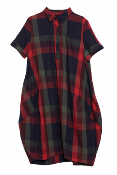 Popular Leisure Girls Short Sleeve Lapel Neck Button Up Plaid Print Linen and Cotton Midi Oversize Shirt Dress