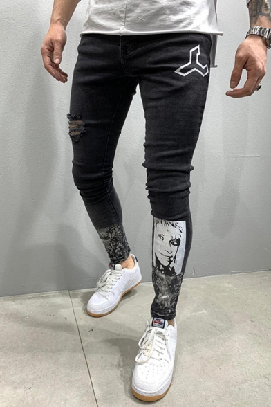 Punk Cool Mens Mid Rise Cartoon Geo Patterned Ripped Ankle Skinny Jeans in Black