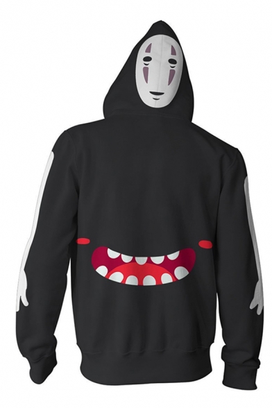 Simple Halloween Boys Long Sleeve Zipper Front Drawstring Letter Cartoon Face Mouth 3D Graphic Relaxed Hoodie in Black