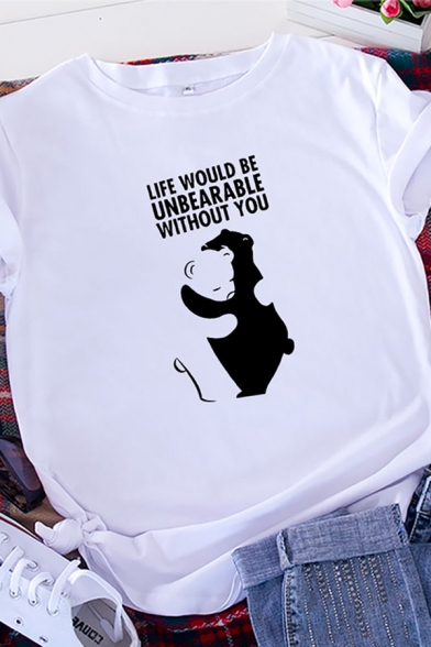 Summer Cute Girls Roll Up Sleeve Round Neck Letter LIFE WOULD BE UNBEARABLE Bear Print Slim Fit Graphic Tee