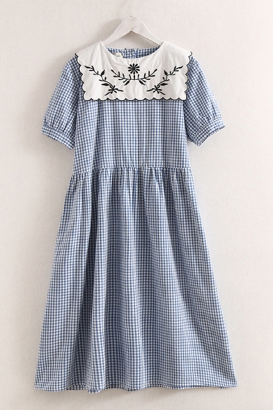 Womens Chic Short Sleeve Sailor Collar Floral Embroidered Checker Print Button Detail Mid Pleated Swing Dress