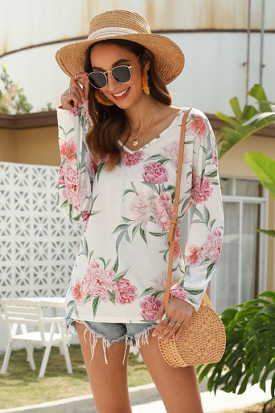 Casual Womens Long Sleeve V-Neck All Over Flower Printed Twist Open Back Regular Fitted T-Shirt
