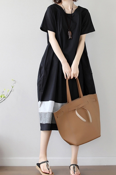 Cool Casual Girls Short Sleeve Round Neck Colorblock Linen and Cotton Midi Oversize Dress in Black