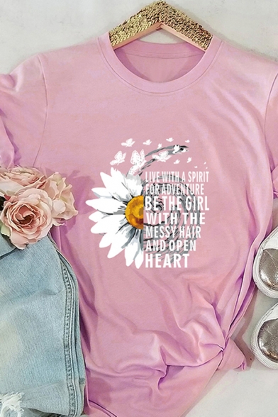 Fancy Girls Roll Up Sleeve Crew Neck Letter BE THE GIRL Floral Printed Relaxed Graphic T-Shirt