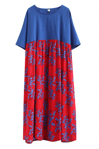 Fashion Womens Short Sleeve Round Neck Floral Printed Patchwork Color Block Linen and Cotton Maxi Pleated Oversize Dress in Blue and Red