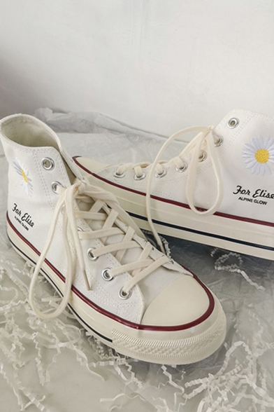 Fashionable Street Lace Up Daisy Floral Letter Embroidered High-Top Canvas Sneakers for Girls