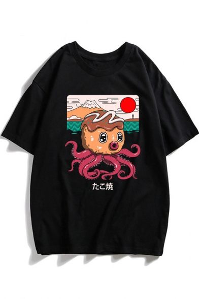 Harajuku Mens Short Sleeve Round Neck Japanese Letter Octopus Ramen Graphic Oversize Tee Top in Black
