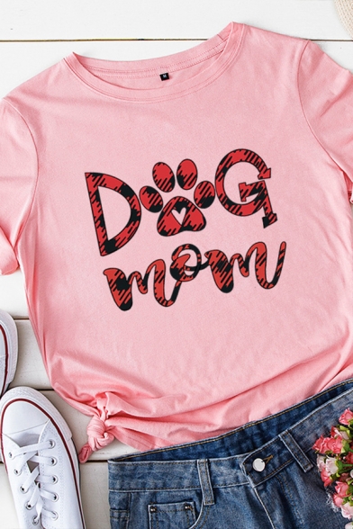 Leisure Womens Rolled Short Sleeve Crew Neck Letter DOG MOM Print Regular Fitted T Shirt