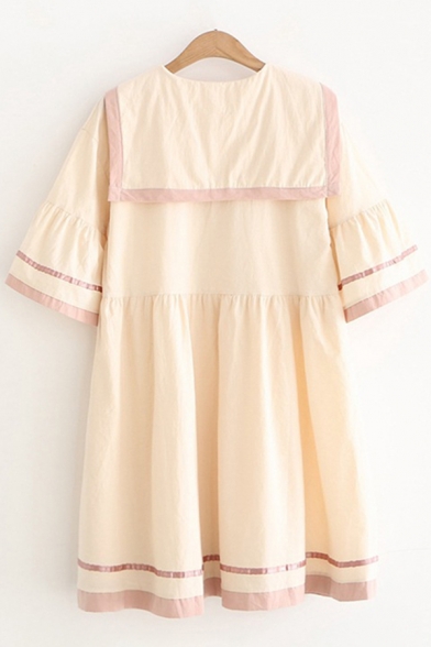 Lovely Girls Short Bell Sleeve Sailor Collar Bow Tie Front Contrast Piped Linen Ruched Short Swing Dress