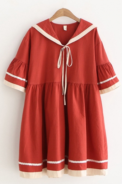 Lovely Girls Short Bell Sleeve Sailor Collar Bow Tie Front Contrast Piped Linen Ruched Short Swing Dress
