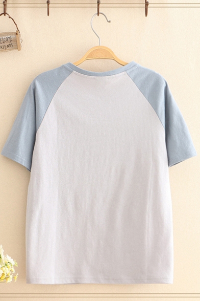 New Trendy Womens Raglan Short Sleeve Round Neck Bear Matchbox Embroidered Colorblock Relaxed T Shirt