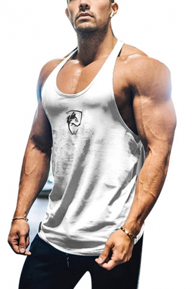 Popular Muscleguys Wolf Logo Print Low-cut Sleeveless Scoop Neck Cotton Workout Stringer Tank Top