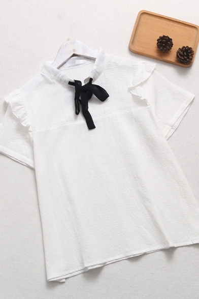 Preppy Looks White Short Sleeve Bow Tie Neck Ruffled Trim Relaxed Shirt Top for Ladies