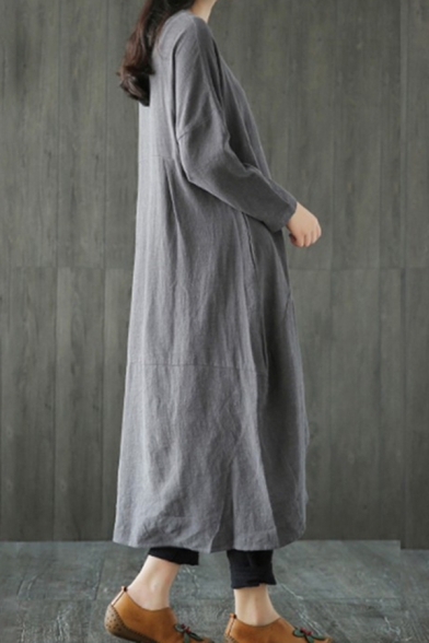 Retro Simple Womens Three-Quarter Sleeve Round Neck Solid Color Linen and Cotton Irregular Hem Maxi Wrap Oversize Dress
