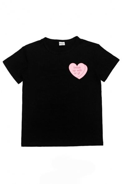 Simple Lovely Womens Short Sleeve Crew Neck Letter BREAK UP WITH UR GF Heart Print Regular Fit Graphic Tee Top
