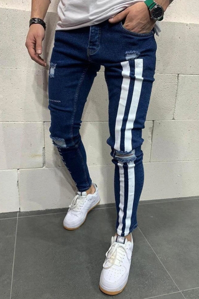 Streetwear Boys Letter Print Striped Ripped Mid Rise Ankle-length Pencil Jeans