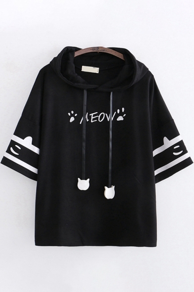 Trendy Girls Short Sleeve Drawstring Letter MEOW Cat Paw Grapic Relaxed Ears Hooded T-Shirt