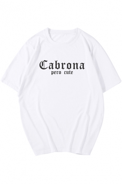 Trendy Ladies Roll Up Sleeve Crew Neck Letter CABRONA PERO CUTE Print Regular Fit Tee Top