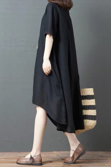 Vintage Ladies Black Short Sleeve Round Neck Flap Pocket Linen High Low Hem Long Oversize Dress