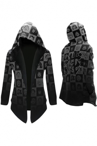 Cool Anime Mens Long Sleeve Hooded Open Front Letter Cartoon Graphic Ombre Asymmetric Hem Relaxed Hoodie Cape