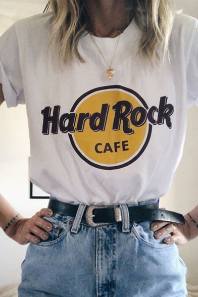 Cool Chic Womens Roll Up Sleeve Crew Neck Letter HARD ROCK CAFE Colorblock Relaxed Fit T-Shirt