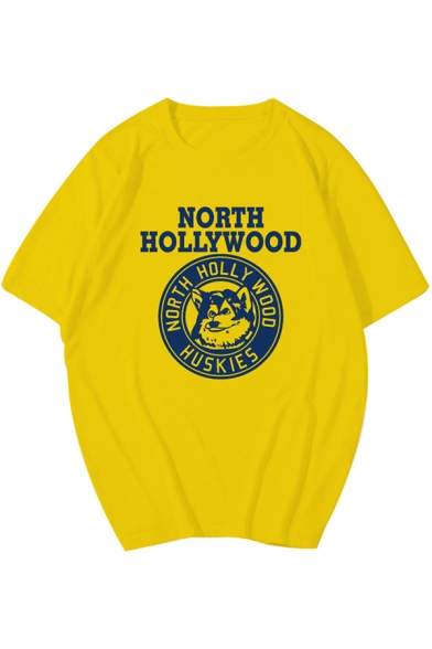 Cool Street Girls Roll Up Sleeve Crew Neck Letter NORTH HOLLYWOOD Huskie Graphic Relaxed T Shirt