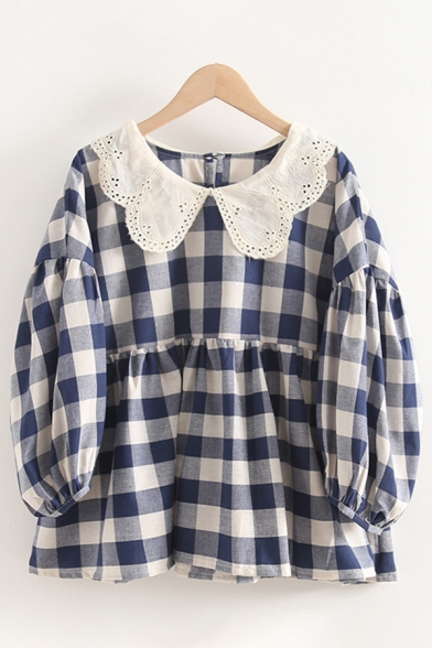 Lovely Girls Checkered Printed Blouson Sleeve Hollow out Peter Pan Collar Ruffled Loose Fit Shirt in Blue