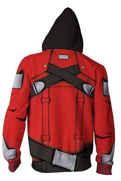 Popular Game Long Sleeve Drawstring Zip Up Buckle Straps Geo 3D Cosplay Print Color Block Relaxed Hoodie in Red