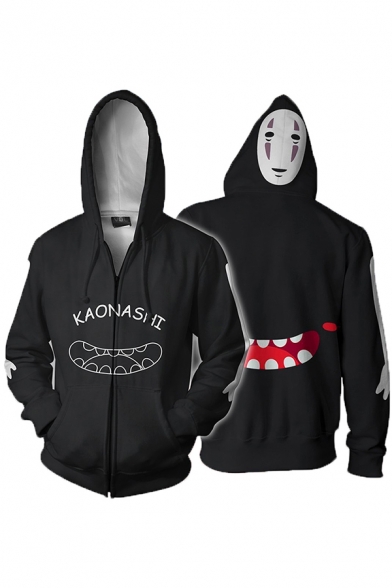 Simple Halloween Boys Long Sleeve Zipper Front Drawstring Letter Cartoon Face Mouth 3D Graphic Relaxed Hoodie in Black