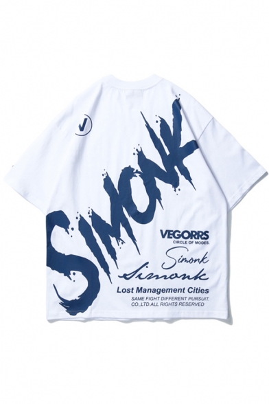 Streetwear Mens Short Sleeve Crew Neck Letter SIMONK Print Oversize T Shirt