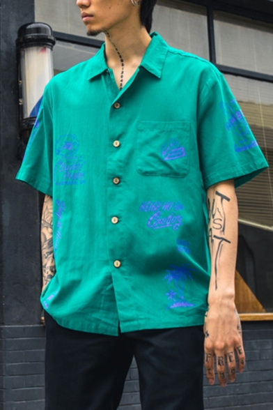 Trendy Letter California Coconut Tree Graphic Half Sleeve Lapel Neck Chest Pocket Relaxed Fit Shirt in Green