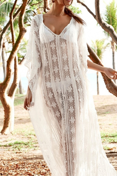 Bohemian Ladies Batwing Sleeve V-Neck See-Through Lace Maxi Oversize White Dress