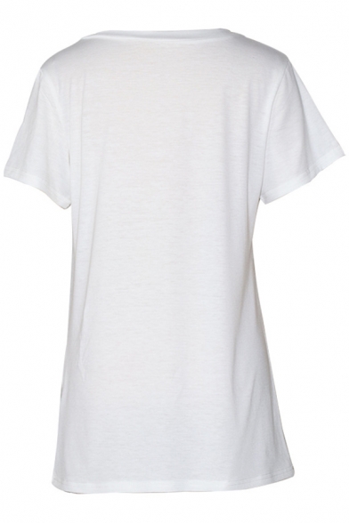 Casual Womens Short Sleeve V-Neck Cartoon Eye Moon Print Relaxed T-Shirt in White