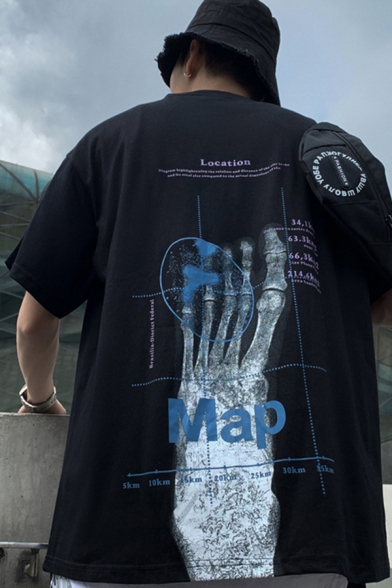 Chic Boys Letter Map Foot Bone Graphic Short Sleeve Crew Neck Loose Fit T Shirt