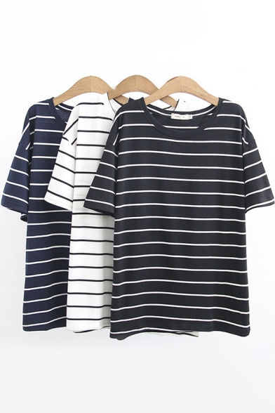 Classic Womens Short Sleeve Round Neck Stripe Printed Loose Fit T-Shirt